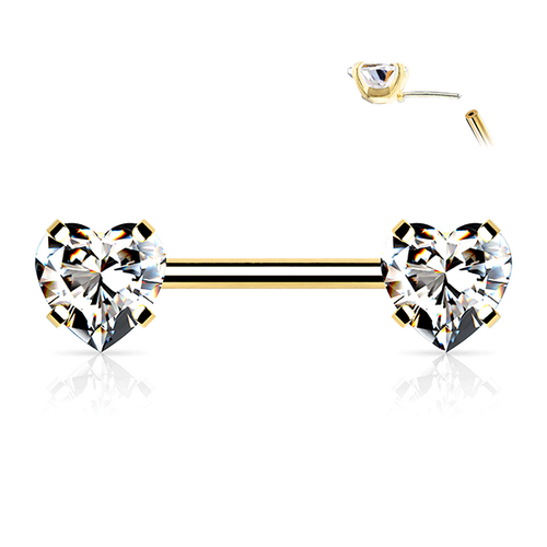  Threadless Heart Gem Prong Set Gold Plated Decorative Nipple Bar