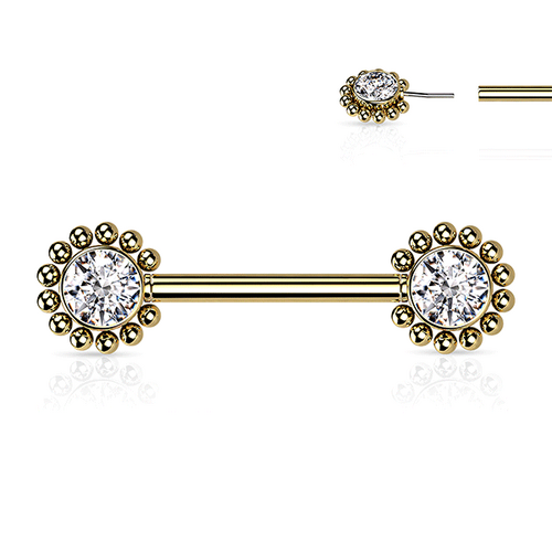  Threadless Beaded Edge Jewelled Cluster Gold Plated Decorative Nipple Barbell
