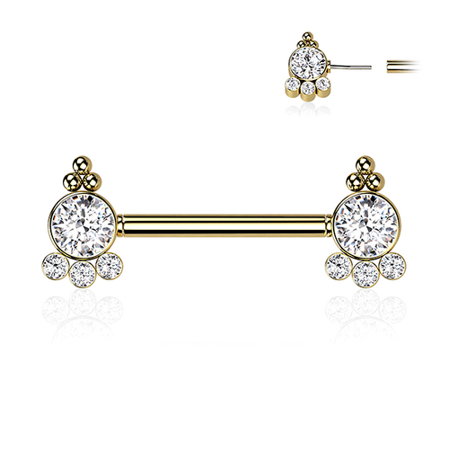  Threadless Multi Jewelled Trinity Beaded Cluster Gold Plated Decorative Nipple Barbell