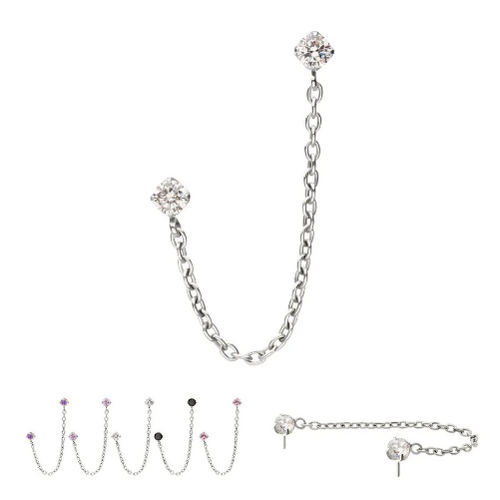 Titanium Threadless Double Prong Set Gem Top with Rolo Chain Dangle